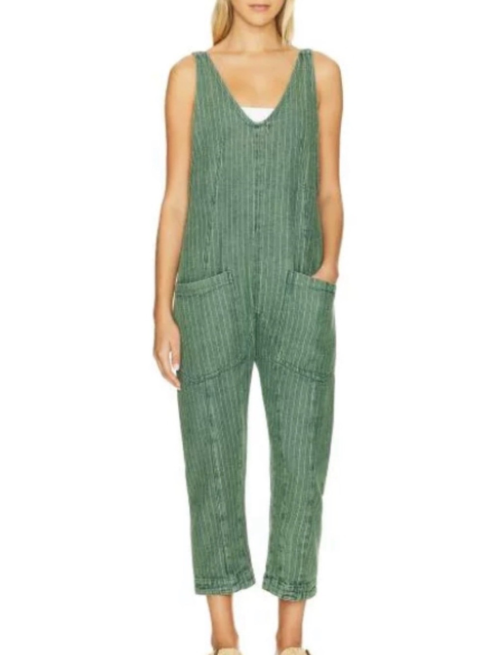 Free People Green Pinstripe Linen-Blend Romper